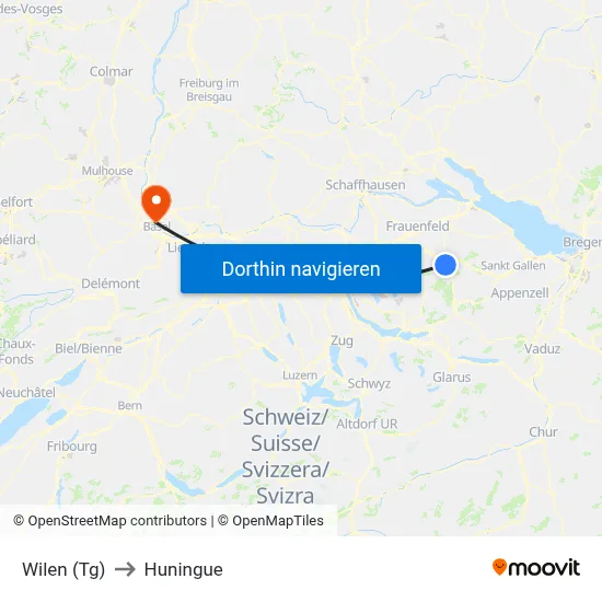 Wilen (Tg) to Huningue map