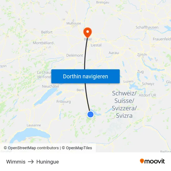 Wimmis to Huningue map