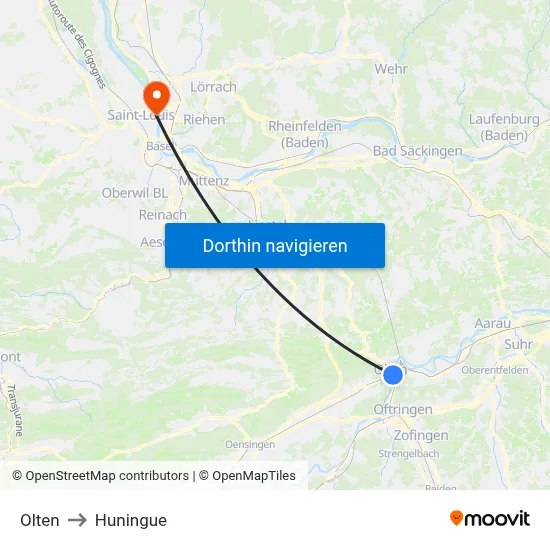 Olten to Huningue map
