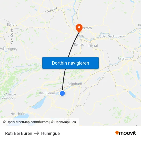 Rüti Bei Büren to Huningue map