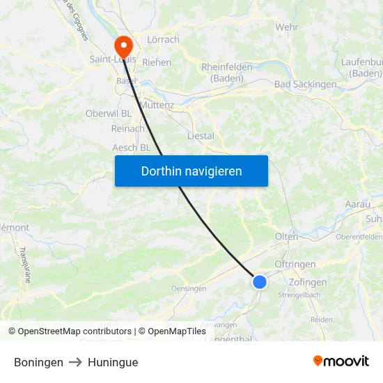 Boningen to Huningue map