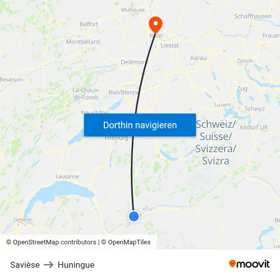 Savièse to Huningue map