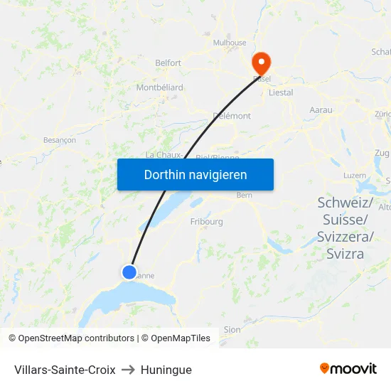 Villars-Sainte-Croix to Huningue map