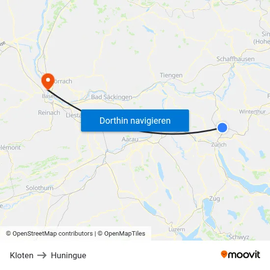 Kloten to Huningue map