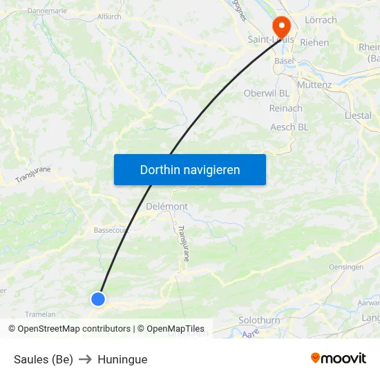 Saules (Be) to Huningue map