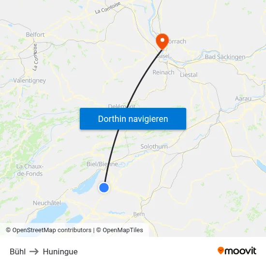 Bühl to Huningue map