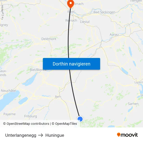 Unterlangenegg to Huningue map