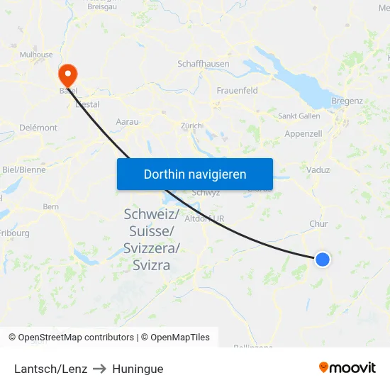 Lantsch/Lenz to Huningue map