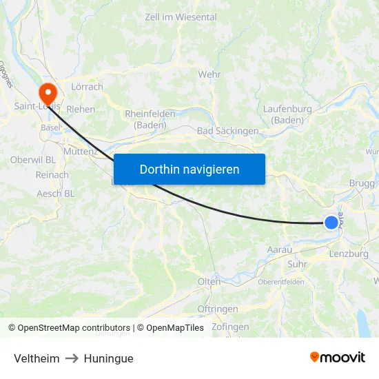 Veltheim to Huningue map