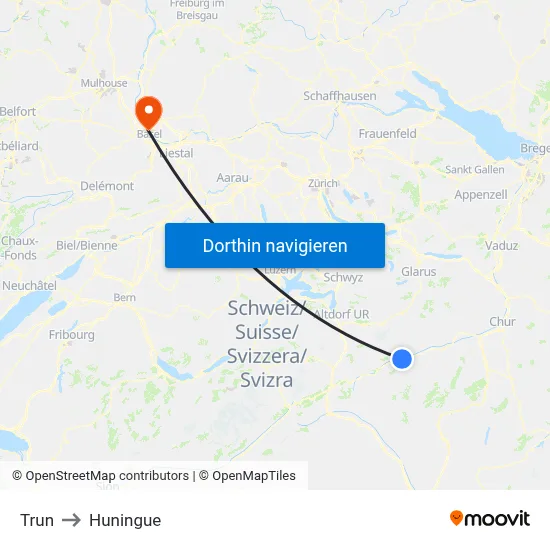 Trun to Huningue map