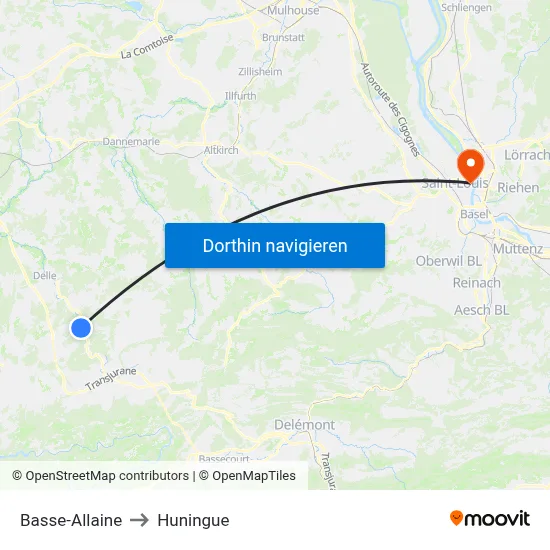 Basse-Allaine to Huningue map