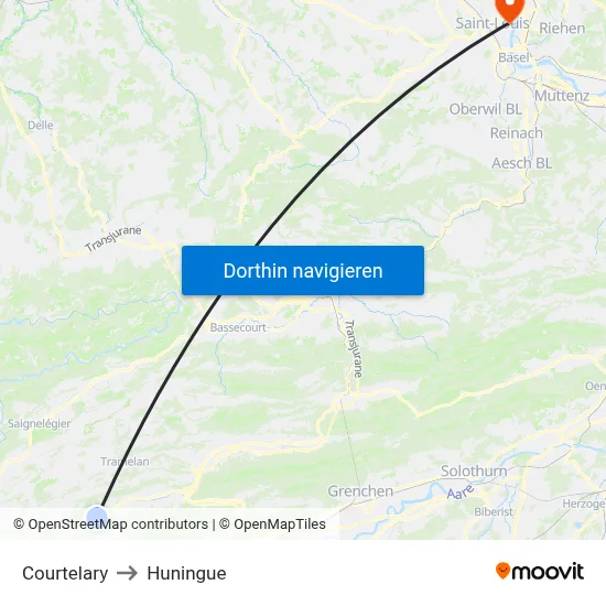 Courtelary to Huningue map