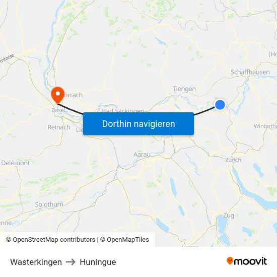 Wasterkingen to Huningue map