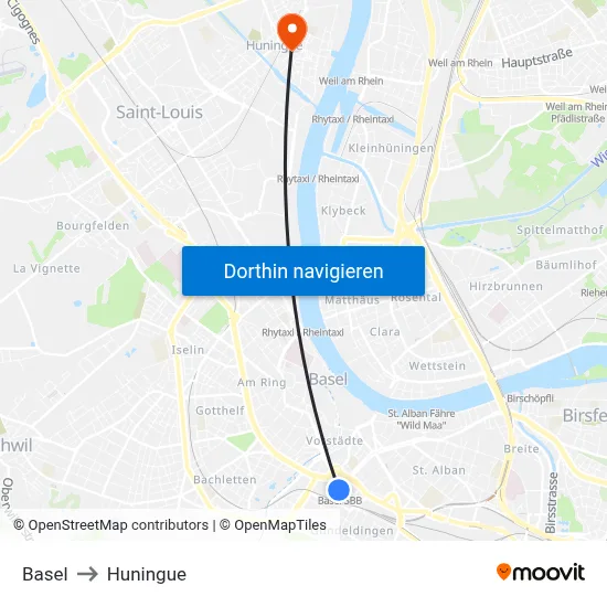 Basel to Huningue map