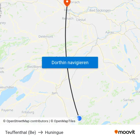 Teuffenthal (Be) to Huningue map