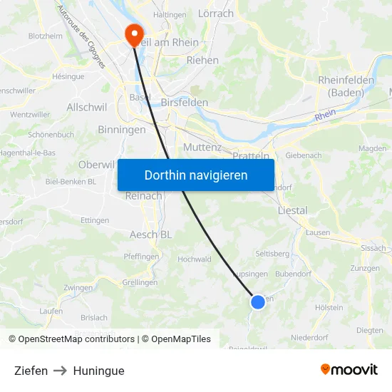Ziefen to Huningue map