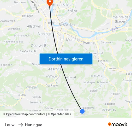 Lauwil to Huningue map