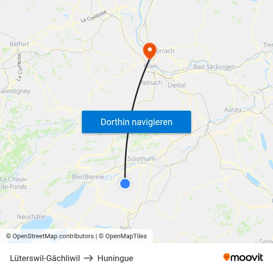 Lüterswil-Gächliwil to Huningue map