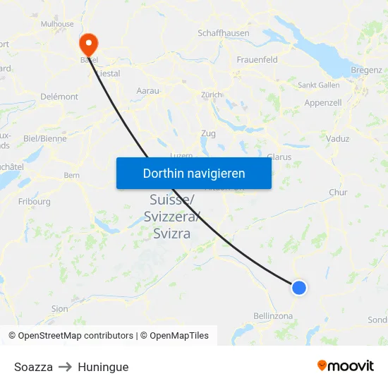 Soazza to Huningue map