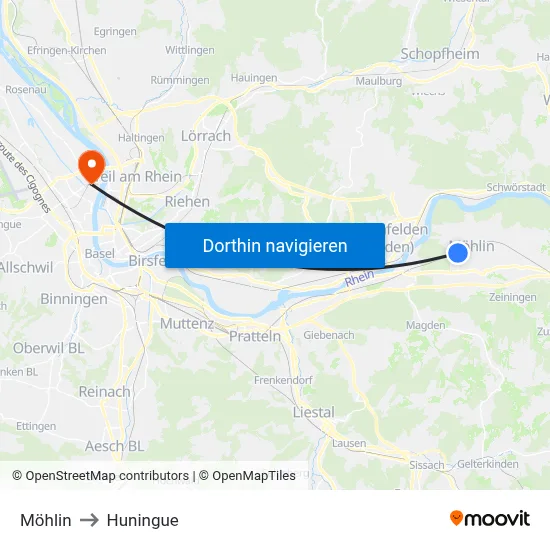 Möhlin to Huningue map