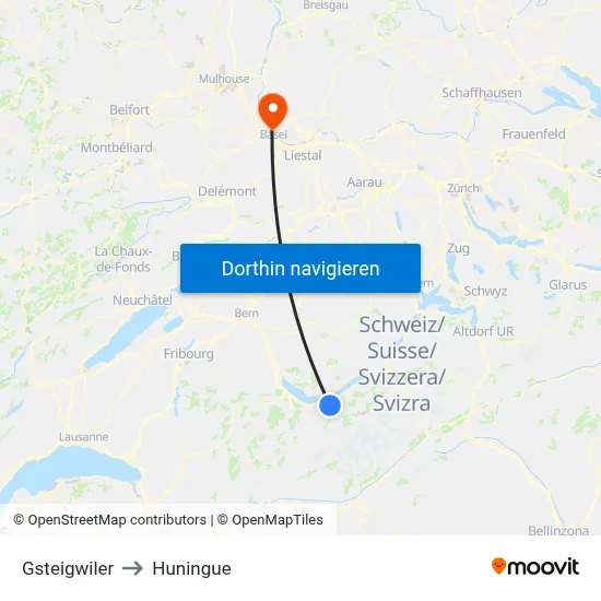 Gsteigwiler to Huningue map
