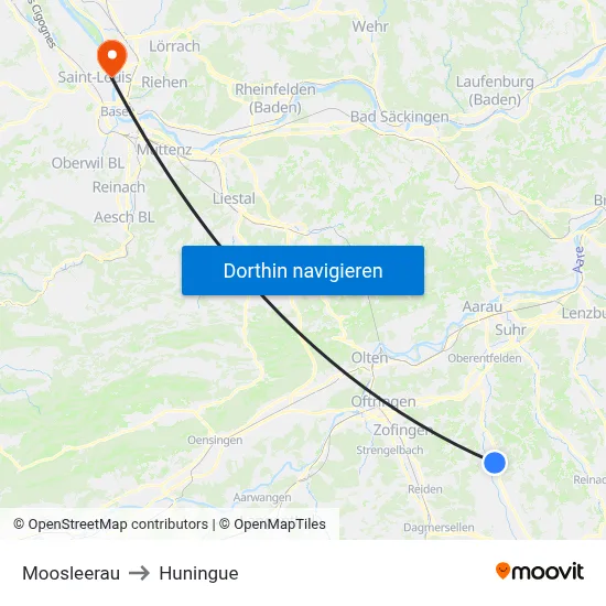 Moosleerau to Huningue map