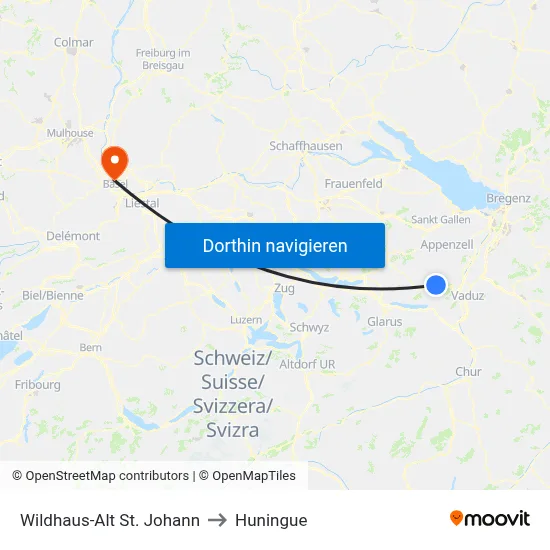 Wildhaus-Alt St. Johann to Huningue map