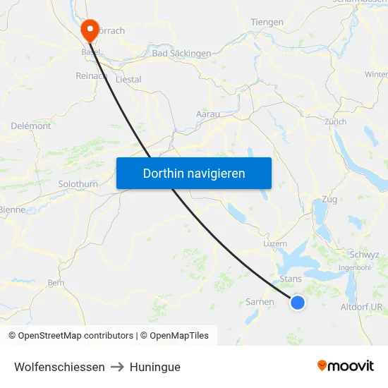 Wolfenschiessen to Huningue map