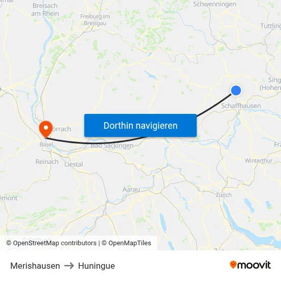 Merishausen to Huningue map