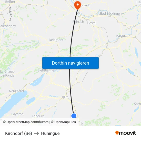 Kirchdorf (Be) to Huningue map