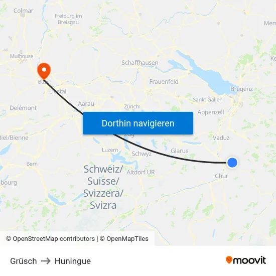 Grüsch to Huningue map