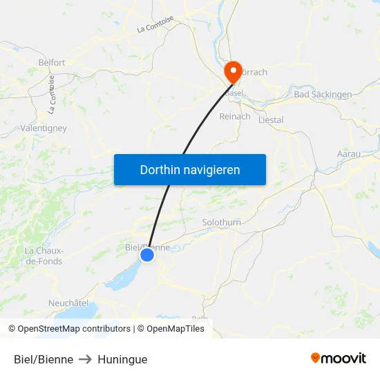 Biel/Bienne to Huningue map