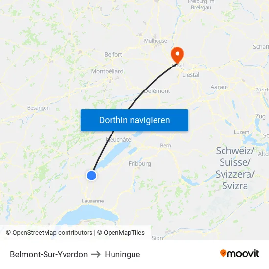 Belmont-Sur-Yverdon to Huningue map