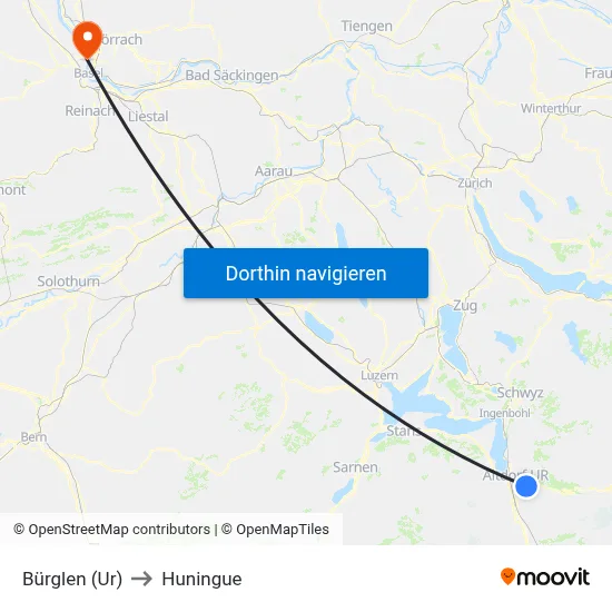 Bürglen (Ur) to Huningue map