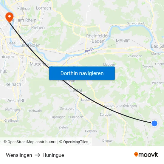 Wenslingen to Huningue map