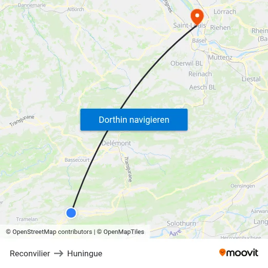 Reconvilier to Huningue map