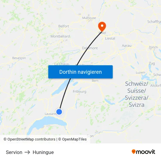 Servion to Huningue map