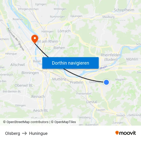 Olsberg to Huningue map