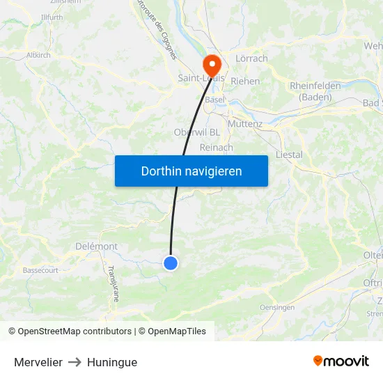 Mervelier to Huningue map