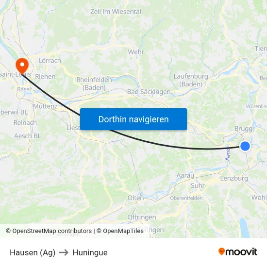 Hausen (Ag) to Huningue map