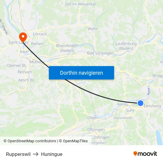 Rupperswil to Huningue map