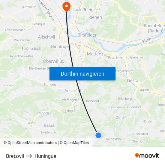 Bretzwil to Huningue map