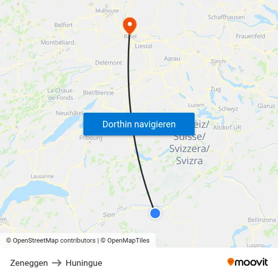 Zeneggen to Huningue map