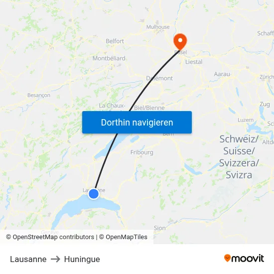 Lausanne to Huningue map