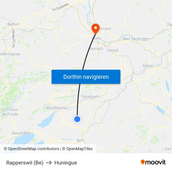 Rapperswil (Be) to Huningue map