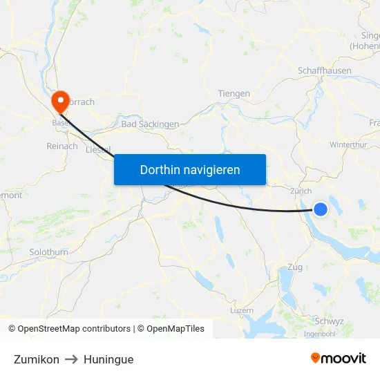 Zumikon to Huningue map