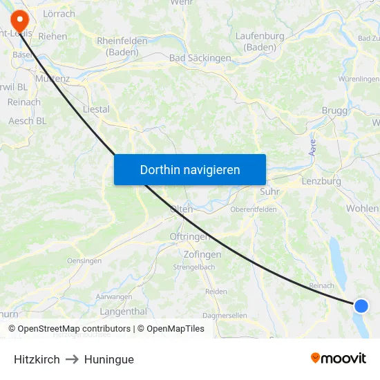 Hitzkirch to Huningue map