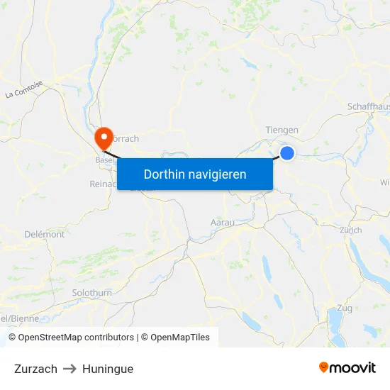 Zurzach to Huningue map