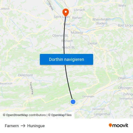 Farnern to Huningue map
