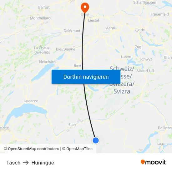 Täsch to Huningue map